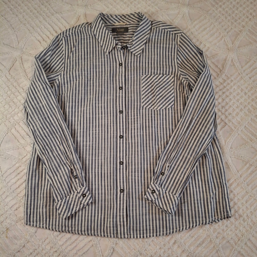 Natural Reflections Womens XL Button Down Shirt Blue White Striped Cotton Pocket